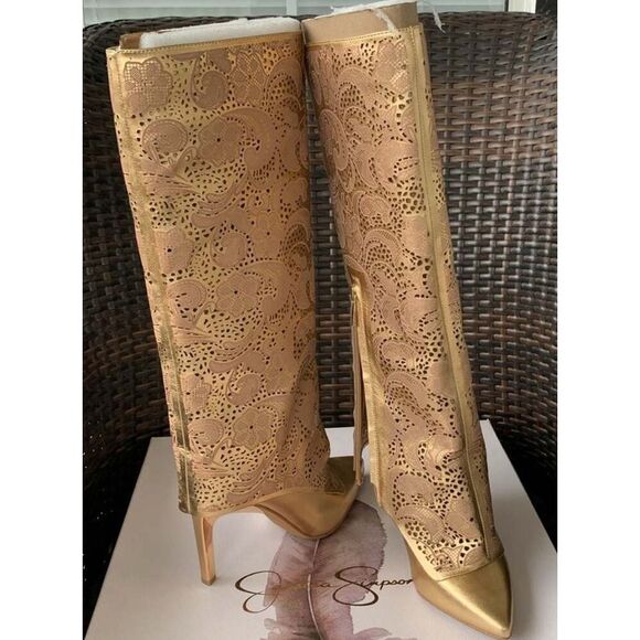 Jessica Simpson BRYKIA2 Gold Hollow Out Pointed Toe Knee High Western Boots - Picture 6 of 12